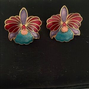 Cloisonné Orchid Vibrant Floral Earrings